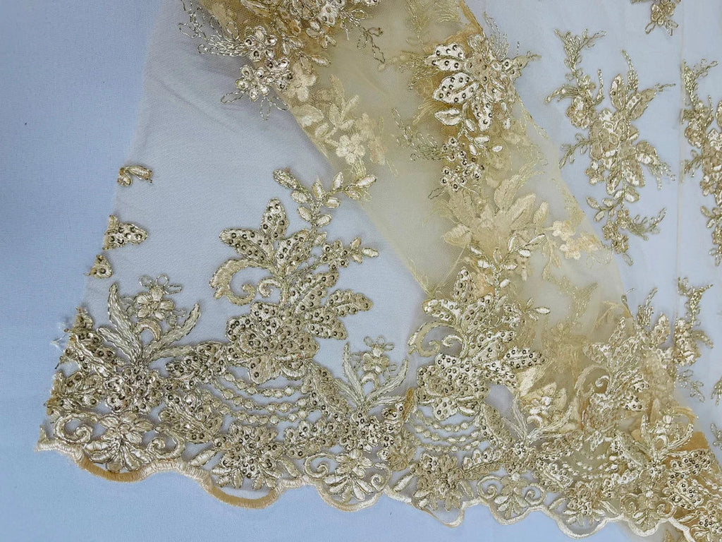 Floral Plant Lace Fabric - Metallic Gold - Flower Plant Design Lace Sequins Fabric Sold By Yard