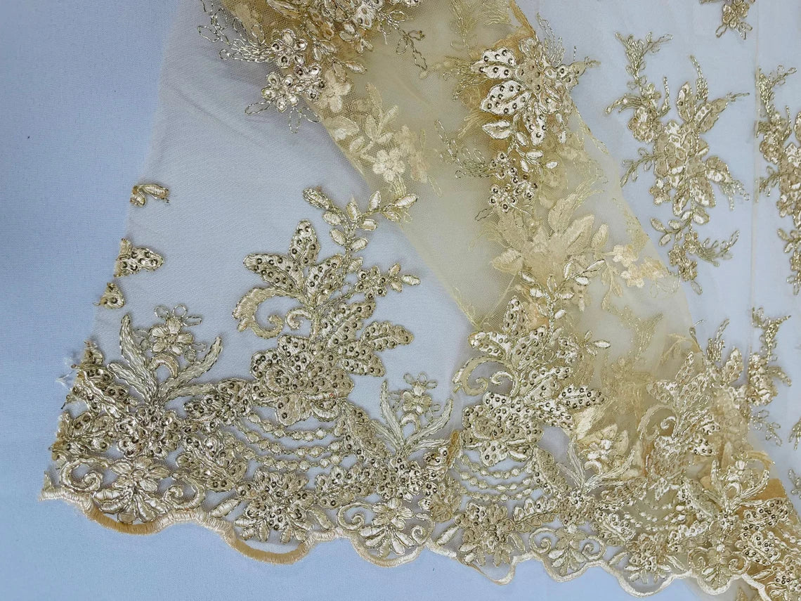 Floral Plant Lace Fabric - Metallic Gold - Flower Plant Design Lace Sequins Fabric Sold By Yard