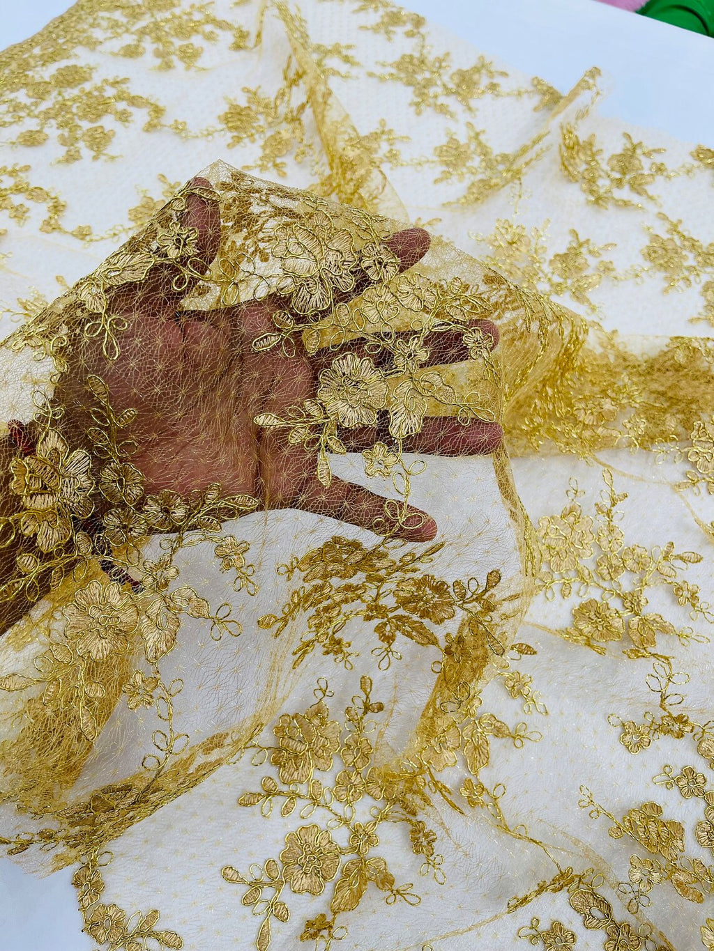 Embroidered Corded Lace Fabric - Metallic Gold - Cluster Fancy Flower Embroidered Lace Fabric By Yard