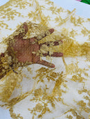 Embroidered Corded Lace Fabric - Metallic Gold - Cluster Fancy Flower Embroidered Lace Fabric By Yard