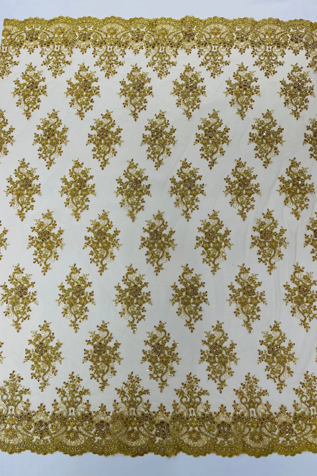 Floral Pearl Bead Fabric - Metallic Gold - Flower Design with Beads and Sequins Fabric Sold By Yard