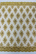 Floral Pearl Bead Fabric - Metallic Gold - Flower Design with Beads and Sequins Fabric Sold By Yard