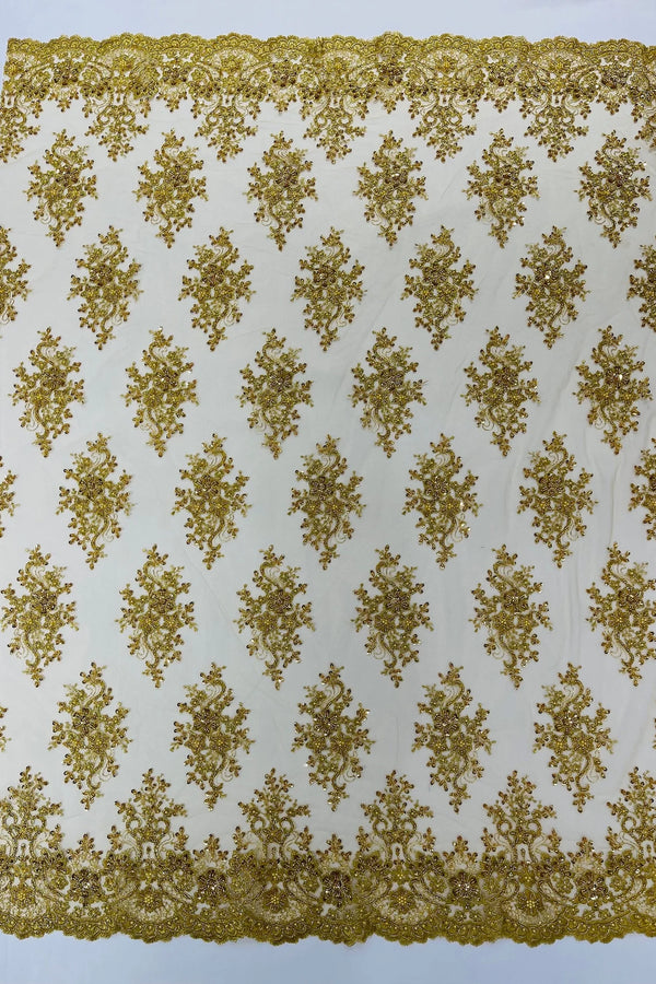 Floral Pearl Bead Fabric - Metallic Gold - Flower Design with Beads and Sequins Fabric Sold By Yard