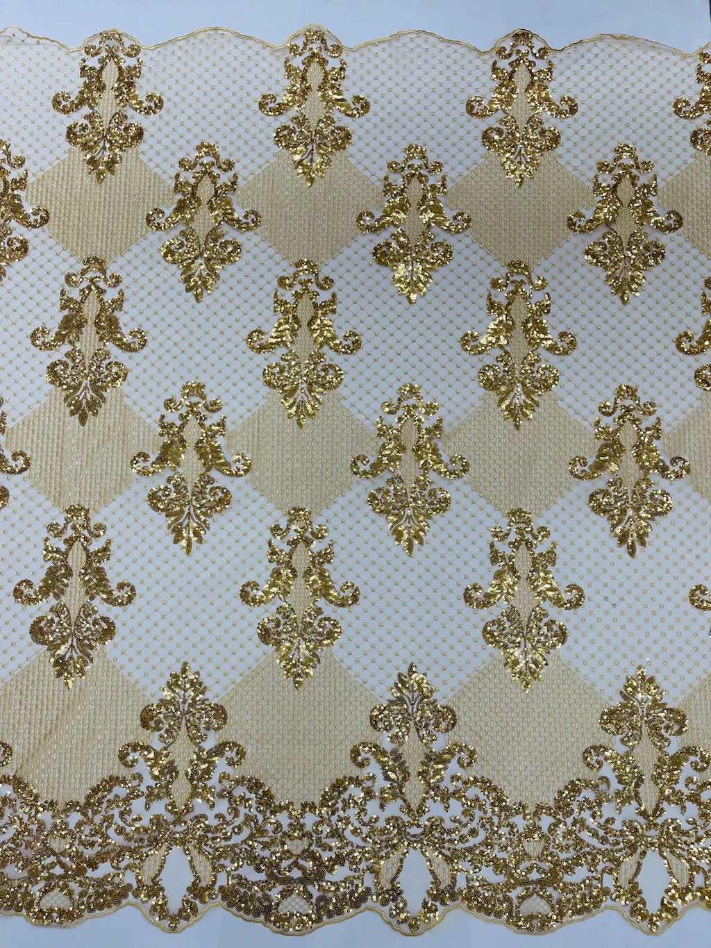 King Damask Design Fabric - Metallic Gold - Embroidered Corded Mesh Lace Fabric with Sequins By Yard