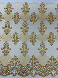 King Damask Design Fabric - Metallic Gold - Embroidered Corded Mesh Lace Fabric with Sequins By Yard