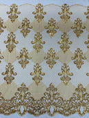 King Damask Design Fabric - Metallic Gold - Embroidered Corded Mesh Lace Fabric with Sequins By Yard