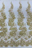 Rose Glitter Fabric - Metallic Gold - 3D Glitter Rose Tulle Fabric for Wedding, Quinceañera By Yard