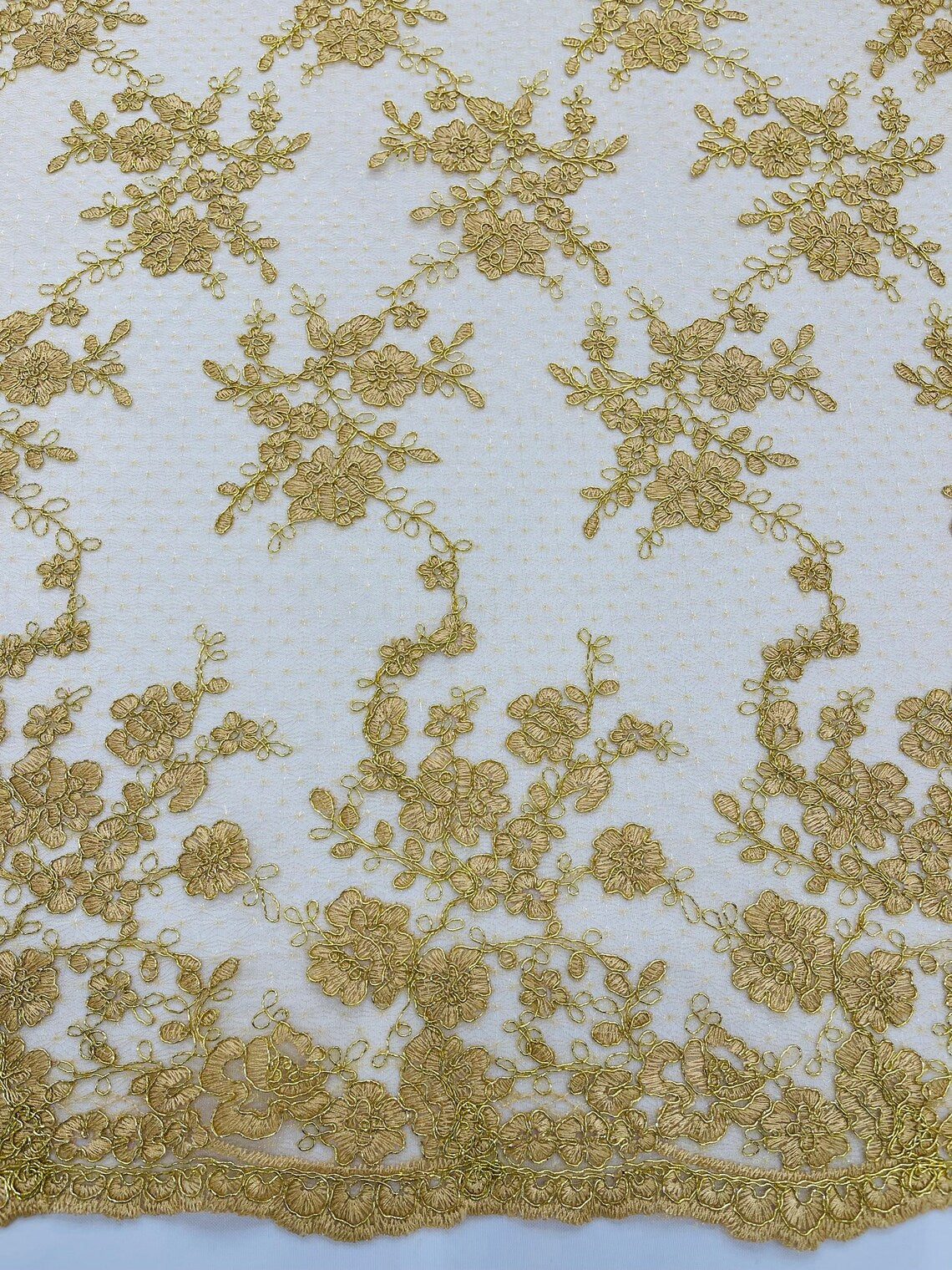 Embroidered Corded Lace Fabric - Metallic Gold - Cluster Fancy Flower Embroidered Lace Fabric By Yard