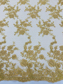 Embroidered Corded Lace Fabric - Metallic Gold - Cluster Fancy Flower Embroidered Lace Fabric By Yard