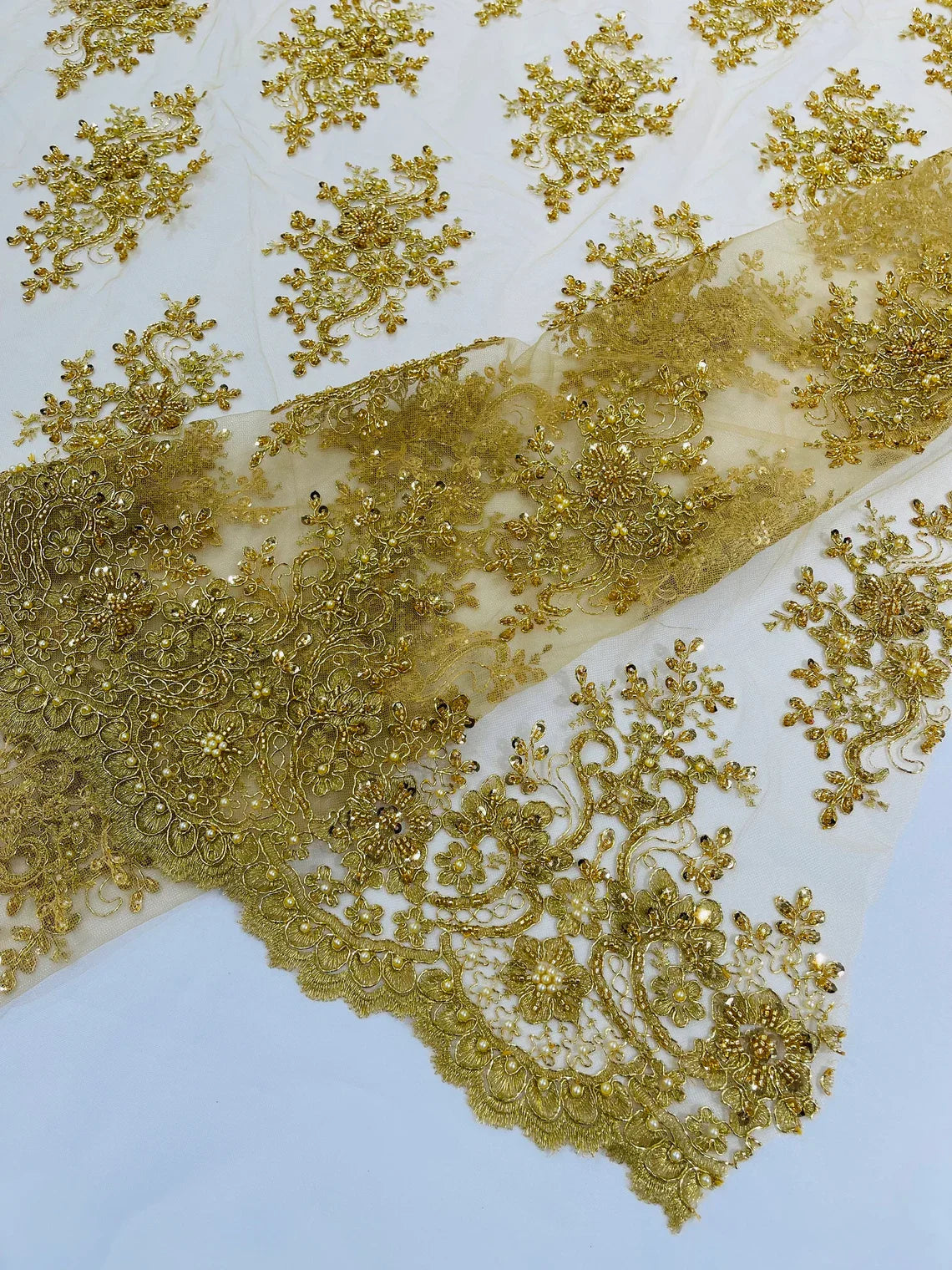 Floral Pearl Bead Fabric - Metallic Gold - Flower Design with Beads and Sequins Fabric Sold By Yard