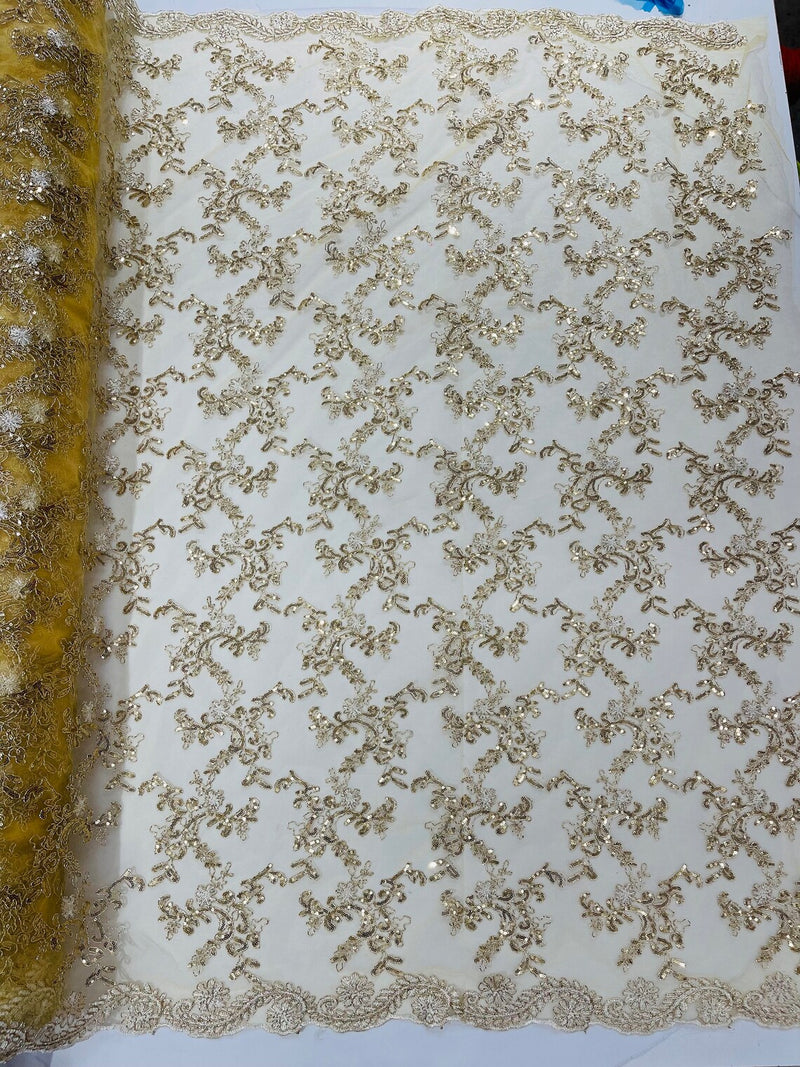 Floral Sequins Lace Fabric - Metallic Gold - Embroidery Flower Clusters Design with Shiny Sequins  Fabric Sold By Yard