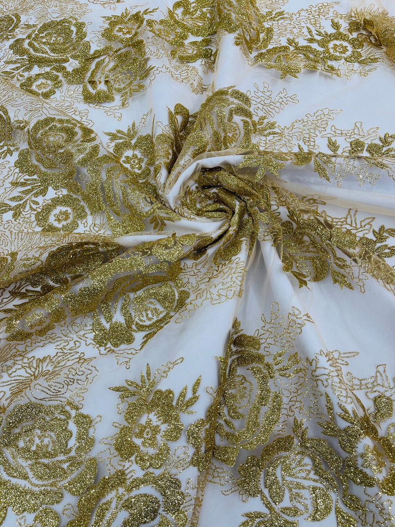 Rose Glitter Fabric - Metallic Gold - 3D Glitter Rose Tulle Fabric for Wedding, Quinceañera By Yard