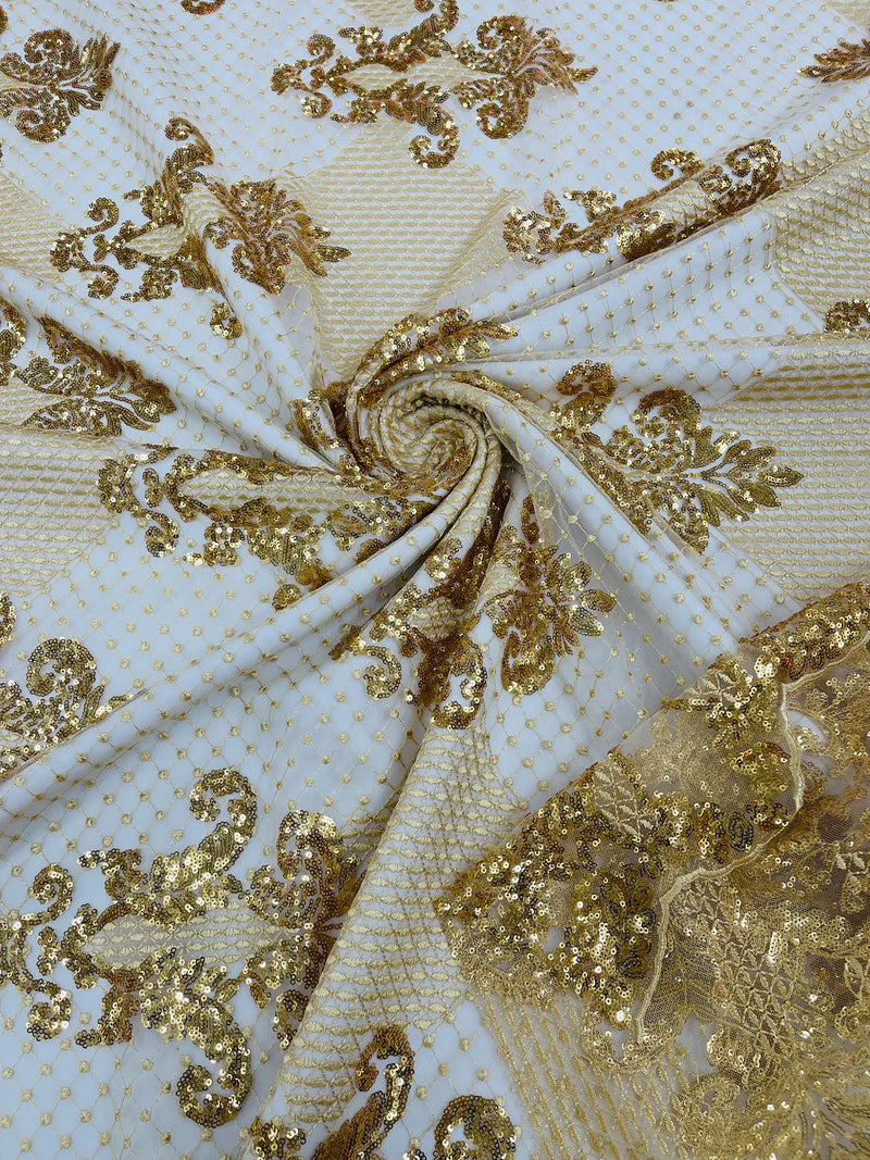 King Damask Design Fabric - Metallic Gold - Embroidered Corded Mesh Lace Fabric with Sequins By Yard