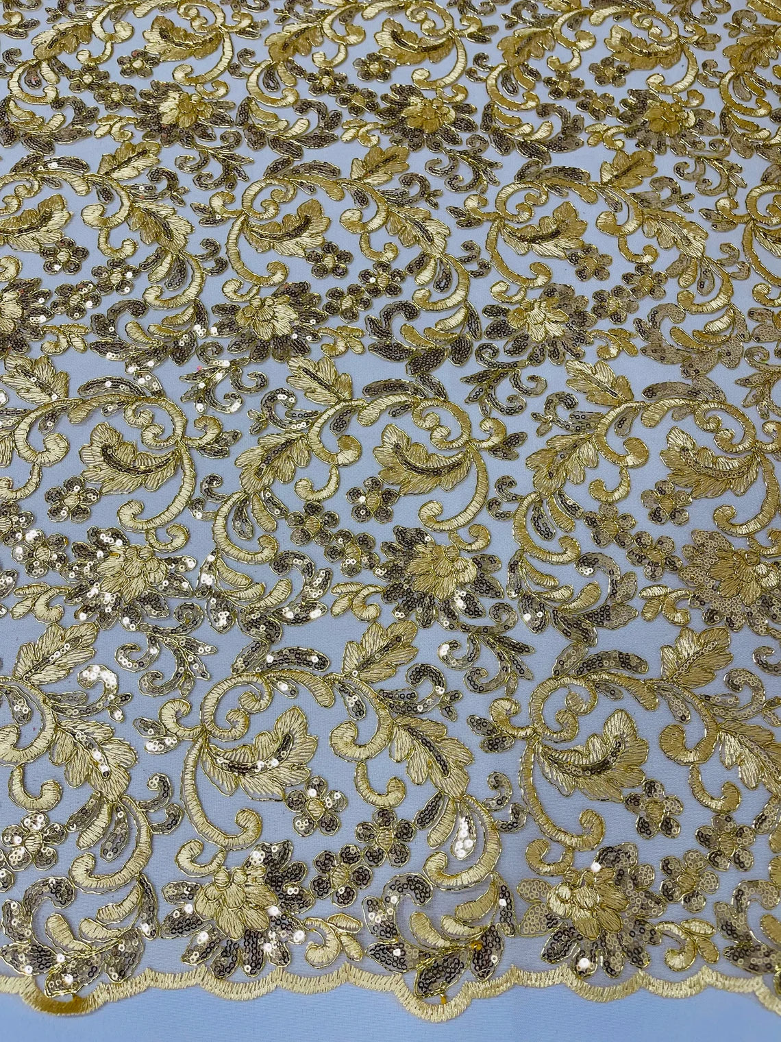 Metallic Floral Lace Fabric - Gold - Embroidered Sequins Floral Design Sold By Yard