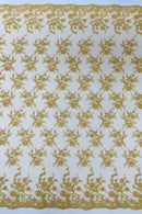Embroidered Corded Lace Fabric - Metallic Gold - Cluster Fancy Flower Embroidered Lace Fabric By Yard