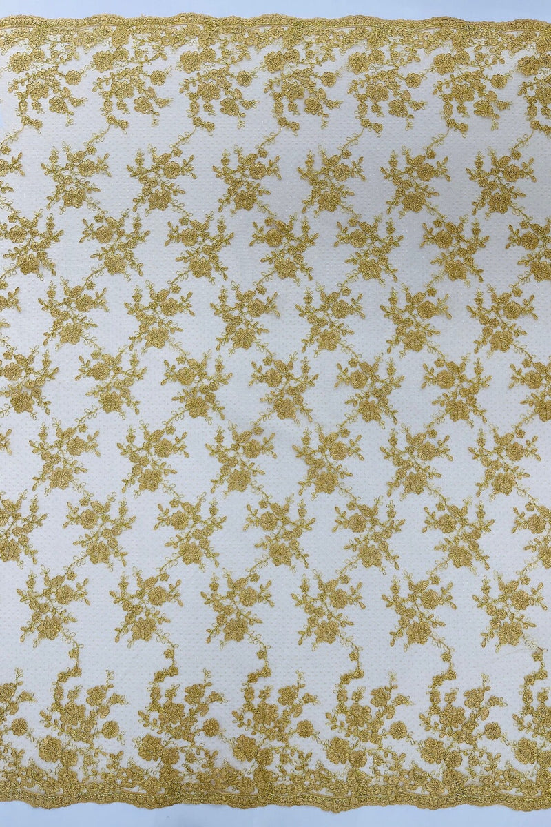 Embroidered Corded Lace Fabric - Metallic Gold - Cluster Fancy Flower Embroidered Lace Fabric By Yard