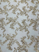 Floral Sequins Lace Fabric - Metallic Gold - Embroidery Flower Clusters Design with Shiny Sequins  Fabric Sold By Yard