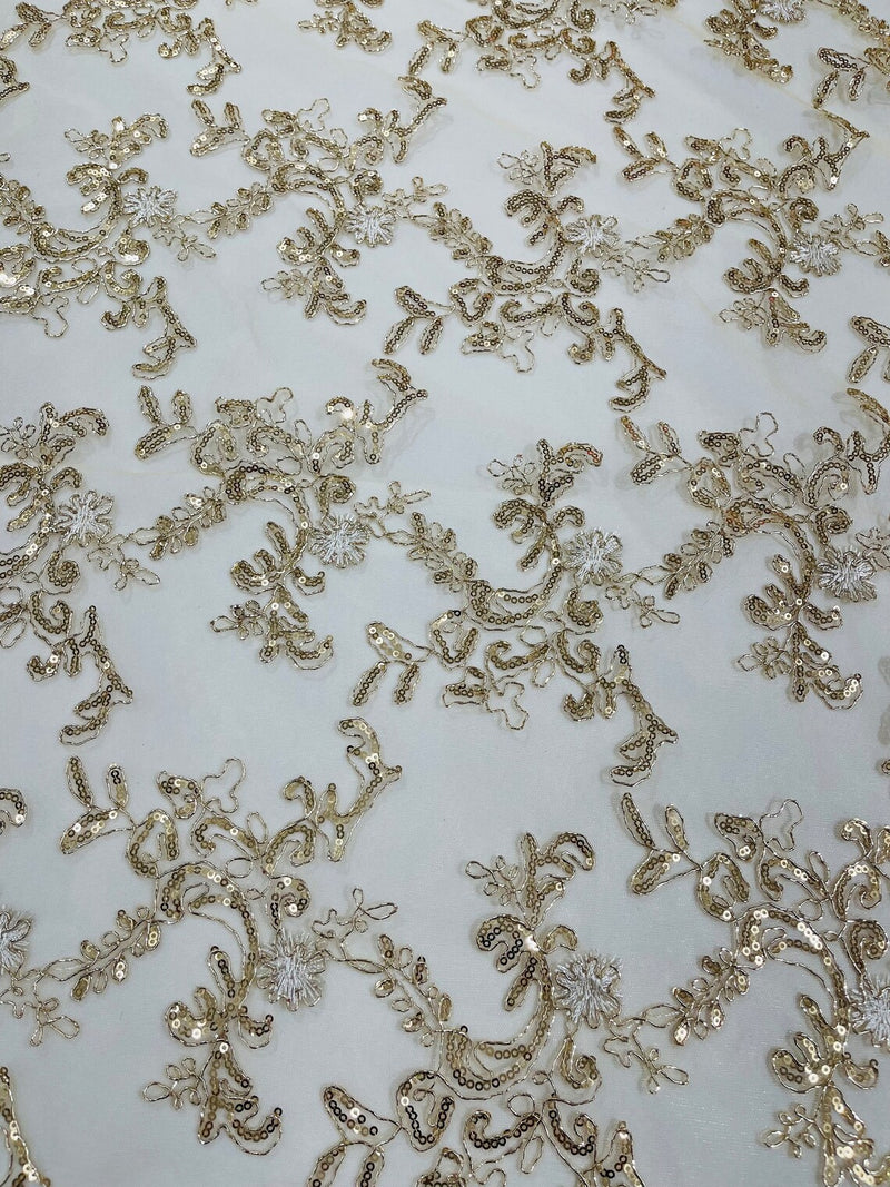 Floral Sequins Lace Fabric - Metallic Gold - Embroidery Flower Clusters Design with Shiny Sequins  Fabric Sold By Yard