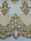 King Damask Design Fabric - Metallic Gold - Embroidered Corded Mesh Lace Fabric with Sequins By Yard