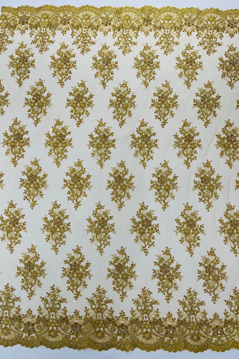 Floral Pearl Bead Fabric - Metallic Gold - Flower Design with Beads and Sequins Fabric Sold By Yard