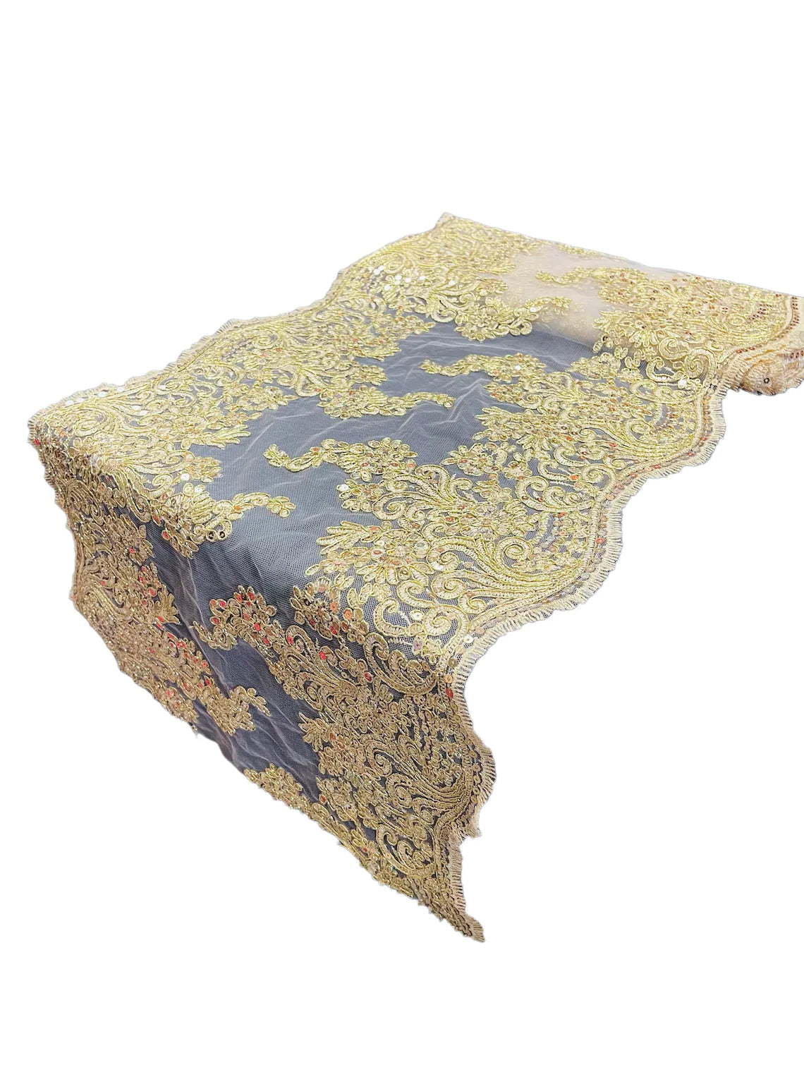14" Metallic Floral Design Lace Table Runner - Gold - Event Table Decor Runner Sold By Yard