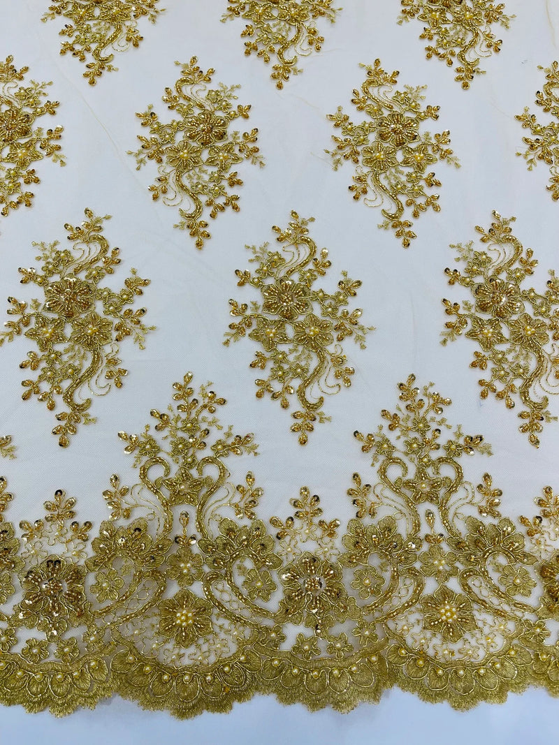 Floral Pearl Bead Fabric - Metallic Gold - Flower Design with Beads and Sequins Fabric Sold By Yard