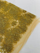 Rose Glitter Fabric - Metallic Gold - 3D Glitter Rose Tulle Fabric for Wedding, Quinceañera By Yard