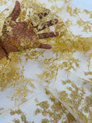 Embroidered Corded Lace Fabric - Metallic Gold - Cluster Fancy Flower Embroidered Lace Fabric By Yard