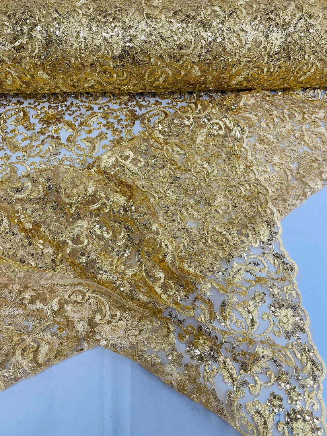 Metallic Floral Lace Fabric - Gold - Embroidered Sequins Floral Design Sold By Yard