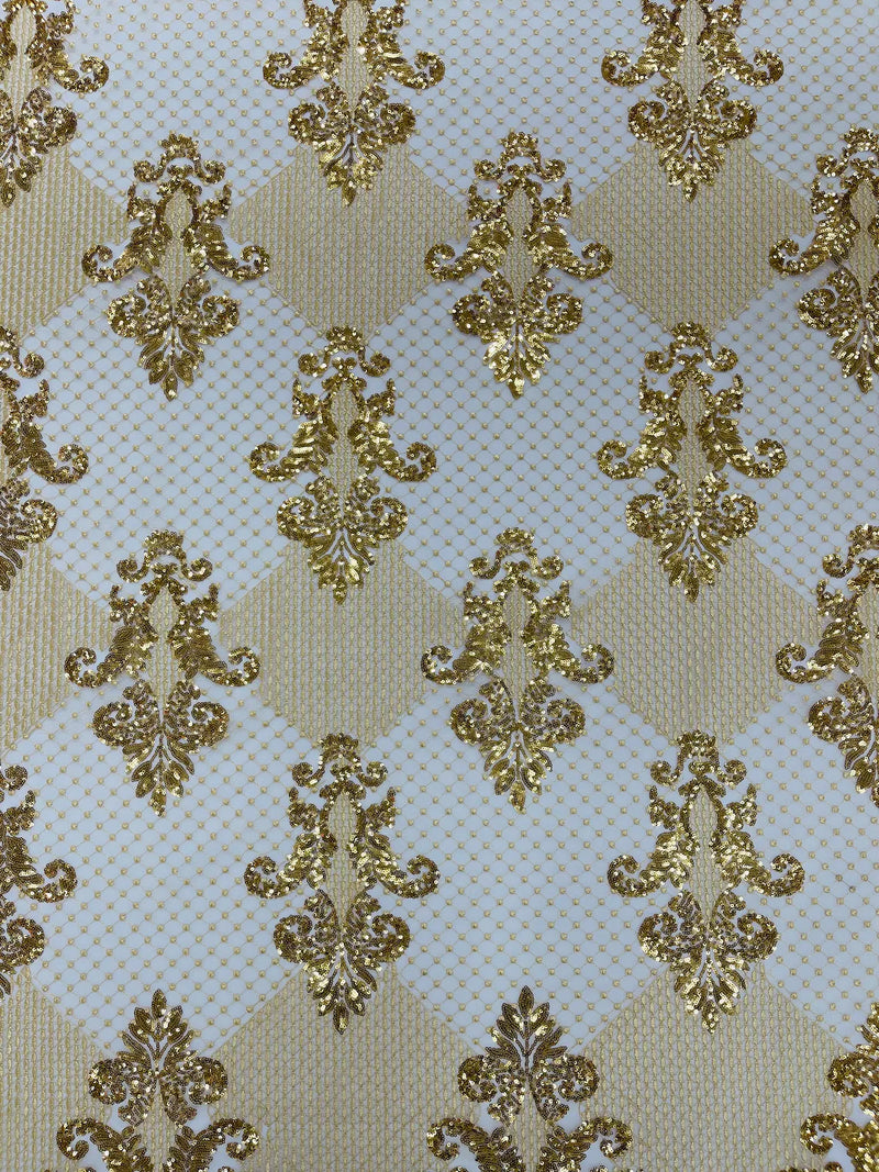 King Damask Design Fabric - Metallic Gold - Embroidered Corded Mesh Lace Fabric with Sequins By Yard