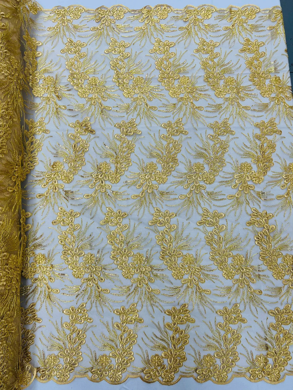 Floral Plant Cluster Fabric - Gold - Embroidered High Quality Lace Fabric Sold by Yard