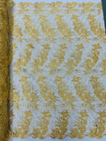 Floral Plant Cluster Fabric - Gold - Embroidered High Quality Lace Fabric Sold by Yard
