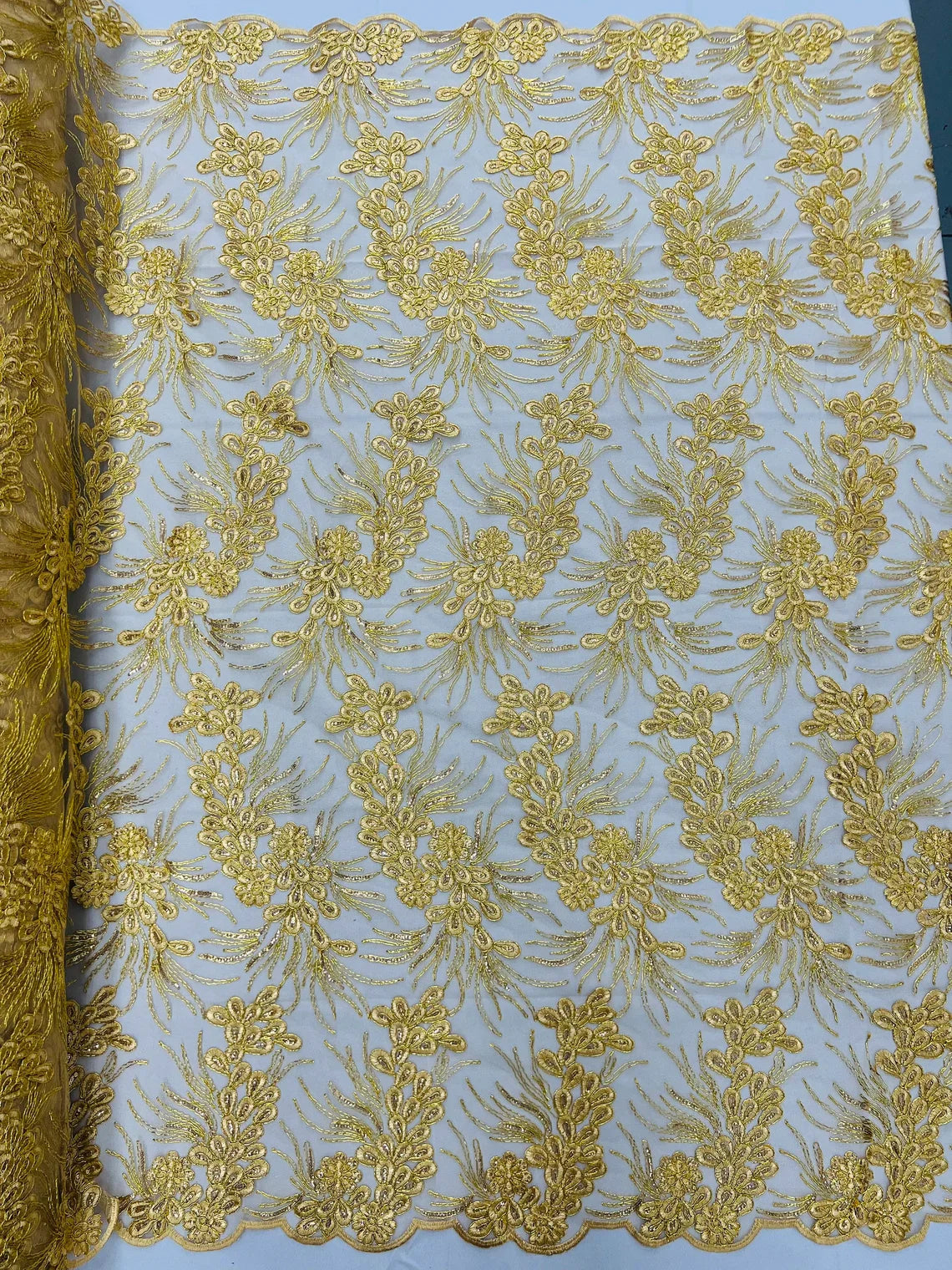 Floral Plant Cluster Fabric - Gold - Embroidered High Quality Lace Fabric Sold by Yard