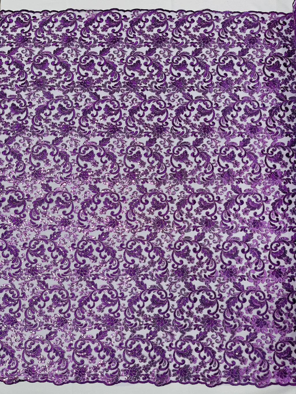 Metallic Floral Lace Fabric - Grape - Embroidered Sequins Floral Design Yard