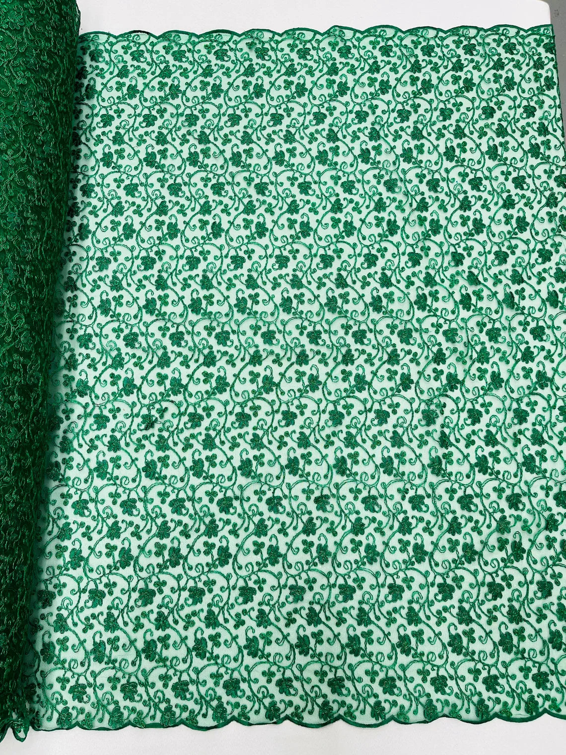 Metallic Floral Lace Fabric - Metallic Green - Embroidered  Flower Design on Lace Mesh Fabric By Yard