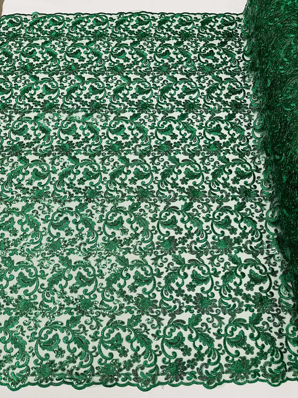 Metallic Floral Lace Fabric - Hunter Green - Embroidered Sequins Floral Design Sold By Yard