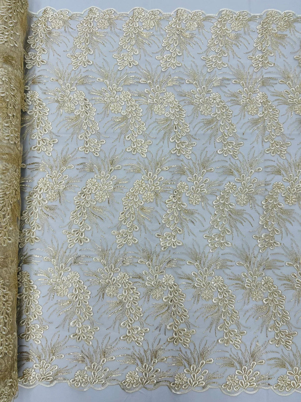 Floral Plant Cluster Fabric - Ivory / Gold - Embroidered High Quality Lace Fabric Sold by Yard