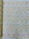 Floral Plant Cluster Fabric - Ivory / Gold - Embroidered High Quality Lace Fabric Sold by Yard