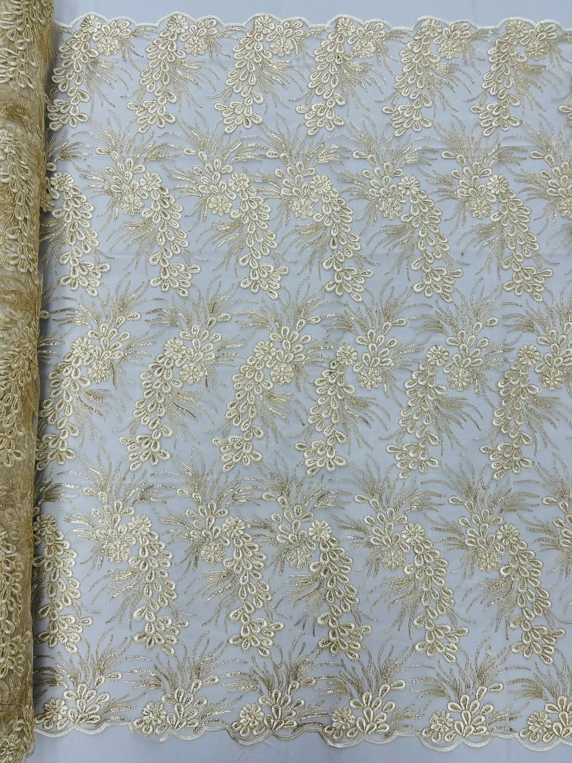 Floral Plant Cluster Fabric - Ivory / Gold - Embroidered High Quality Lace Fabric Sold by Yard
