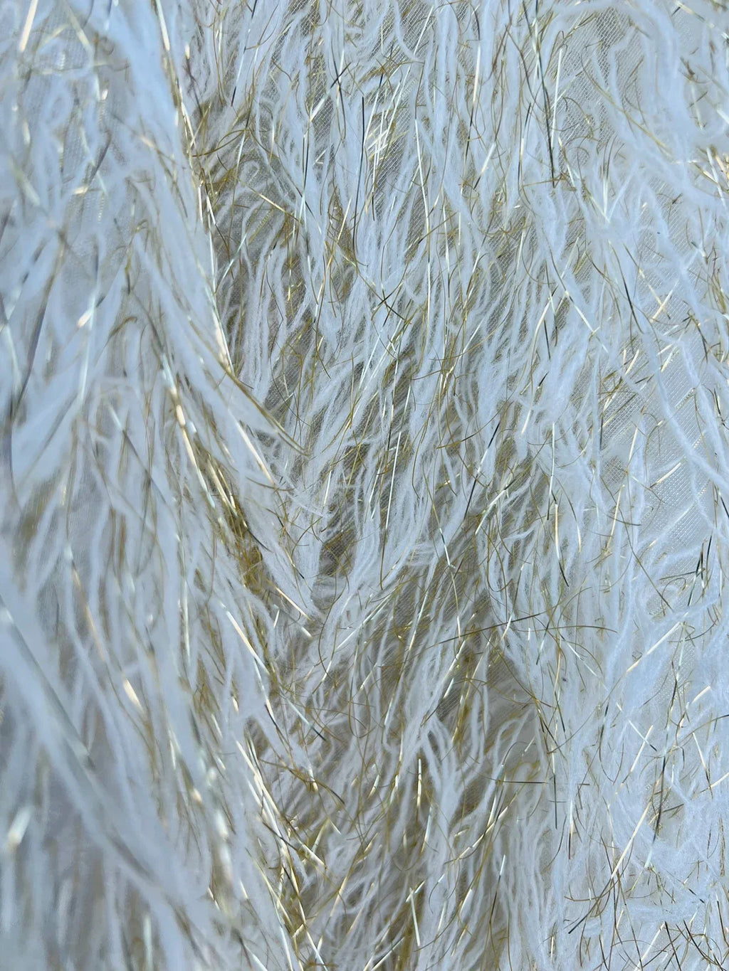 Metallic Eyelash Fabric - Ivory/Gold - Feather/Eyelash/Fringe Design on Mesh By Yard