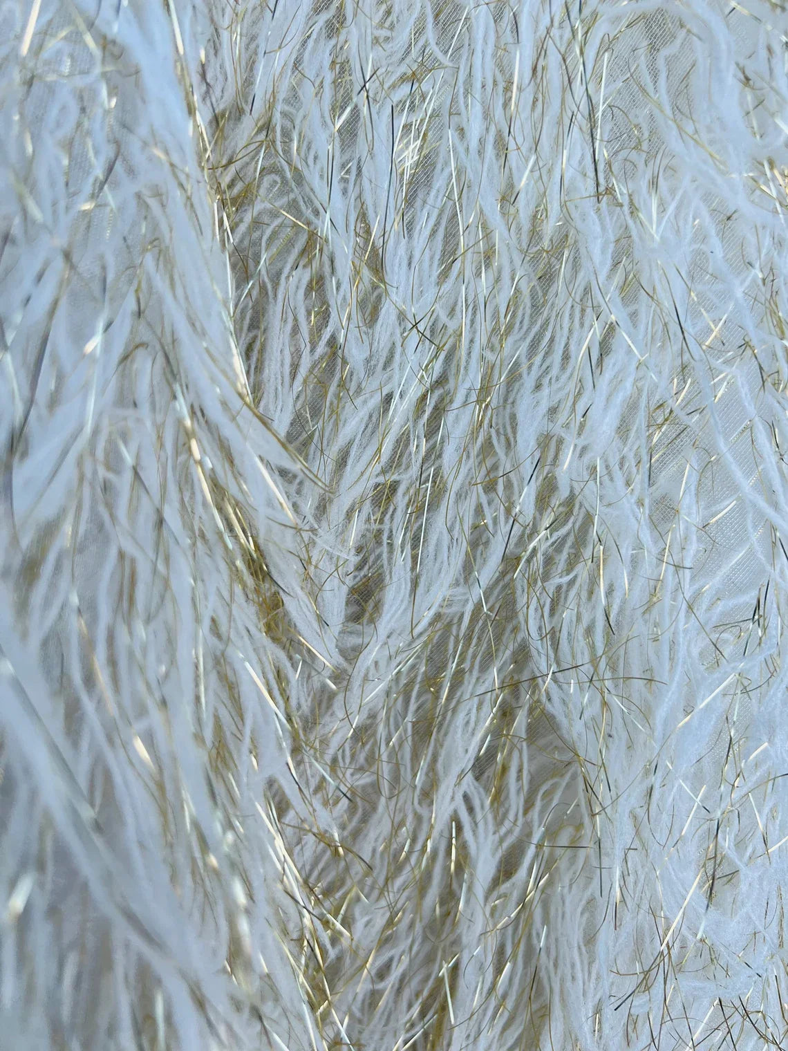 Metallic Eyelash Fabric - Ivory/Gold - Feather/Eyelash/Fringe Design on Mesh By Yard