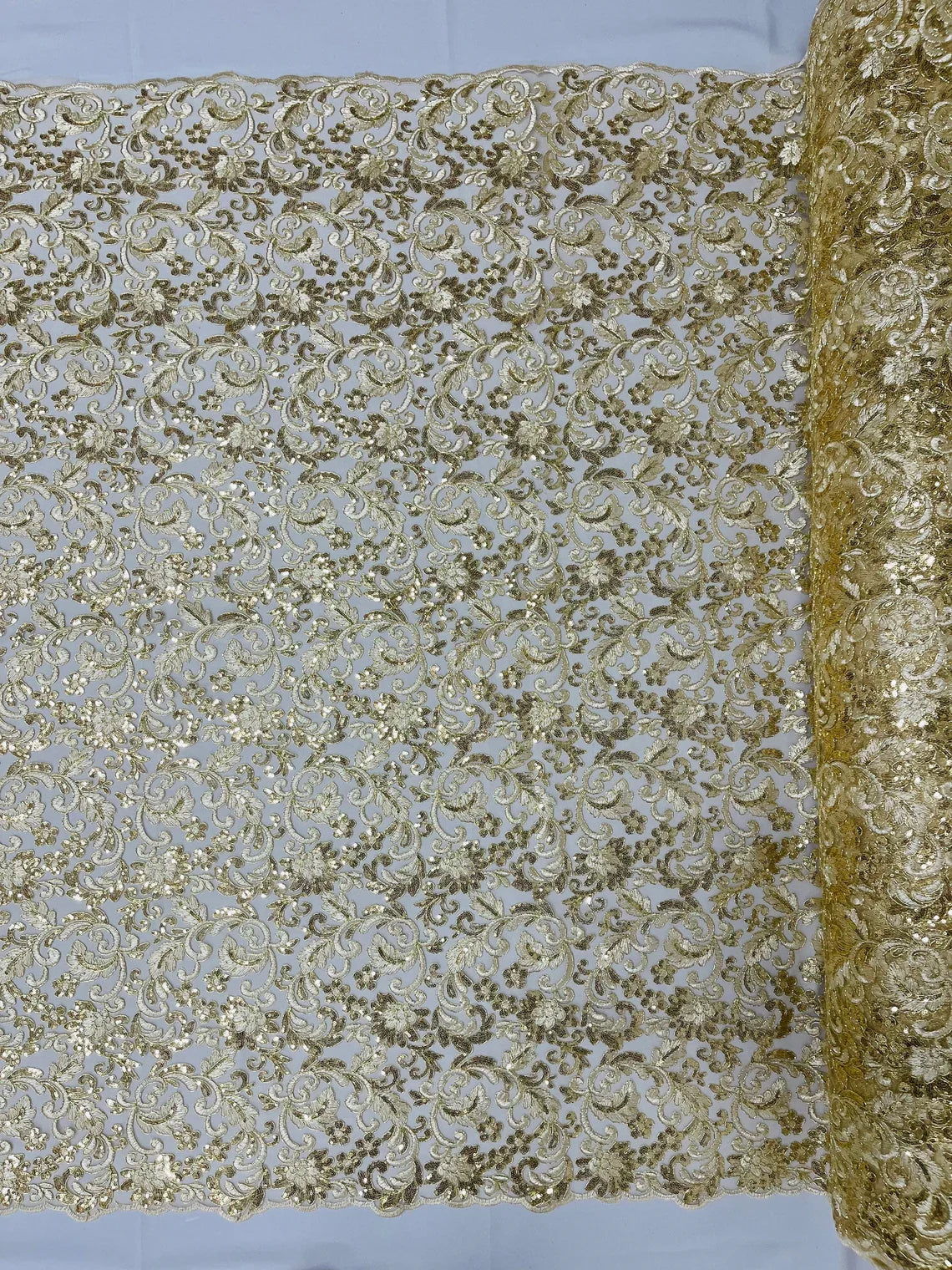 Metallic Floral Lace Fabric - Light Gold - Embroidered Sequins Floral Design Yard