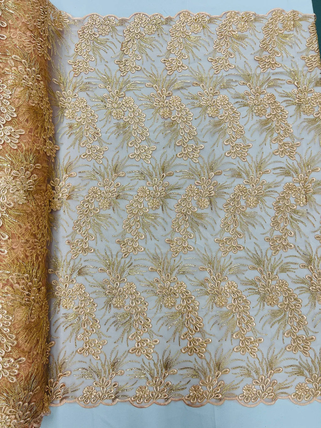 Floral Plant Cluster Fabric - Light Coral - Embroidered High Quality Lace Fabric Sold by Yard