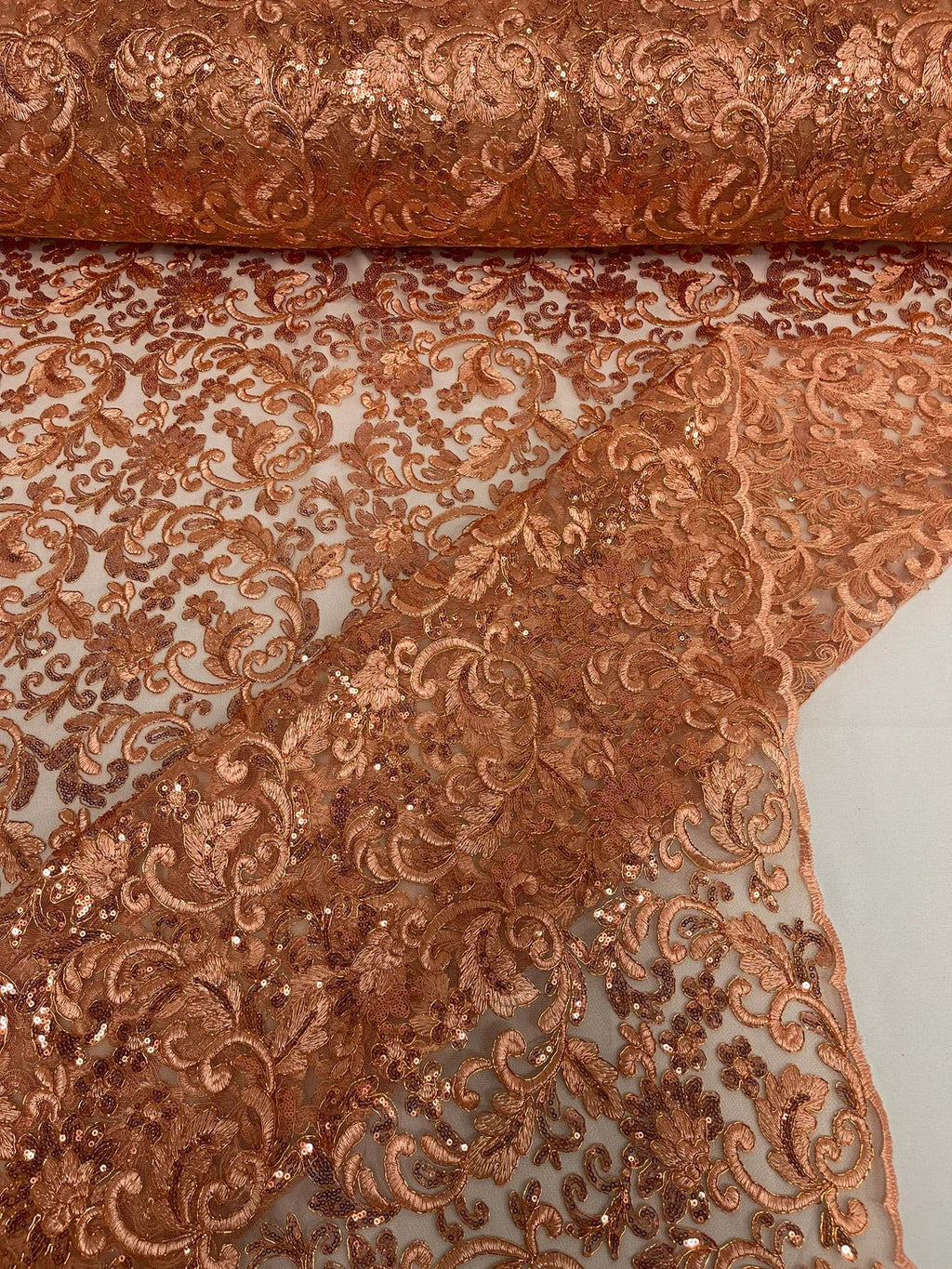 Metallic Floral Lace Fabric - Peach - Embroidered Sequins Floral Design Sold By Yard