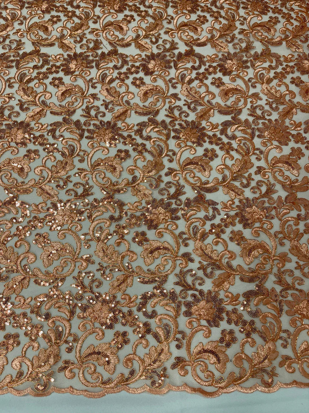 Metallic Floral Lace Fabric - Peach - Embroidered Sequins Floral Design Sold By Yard
