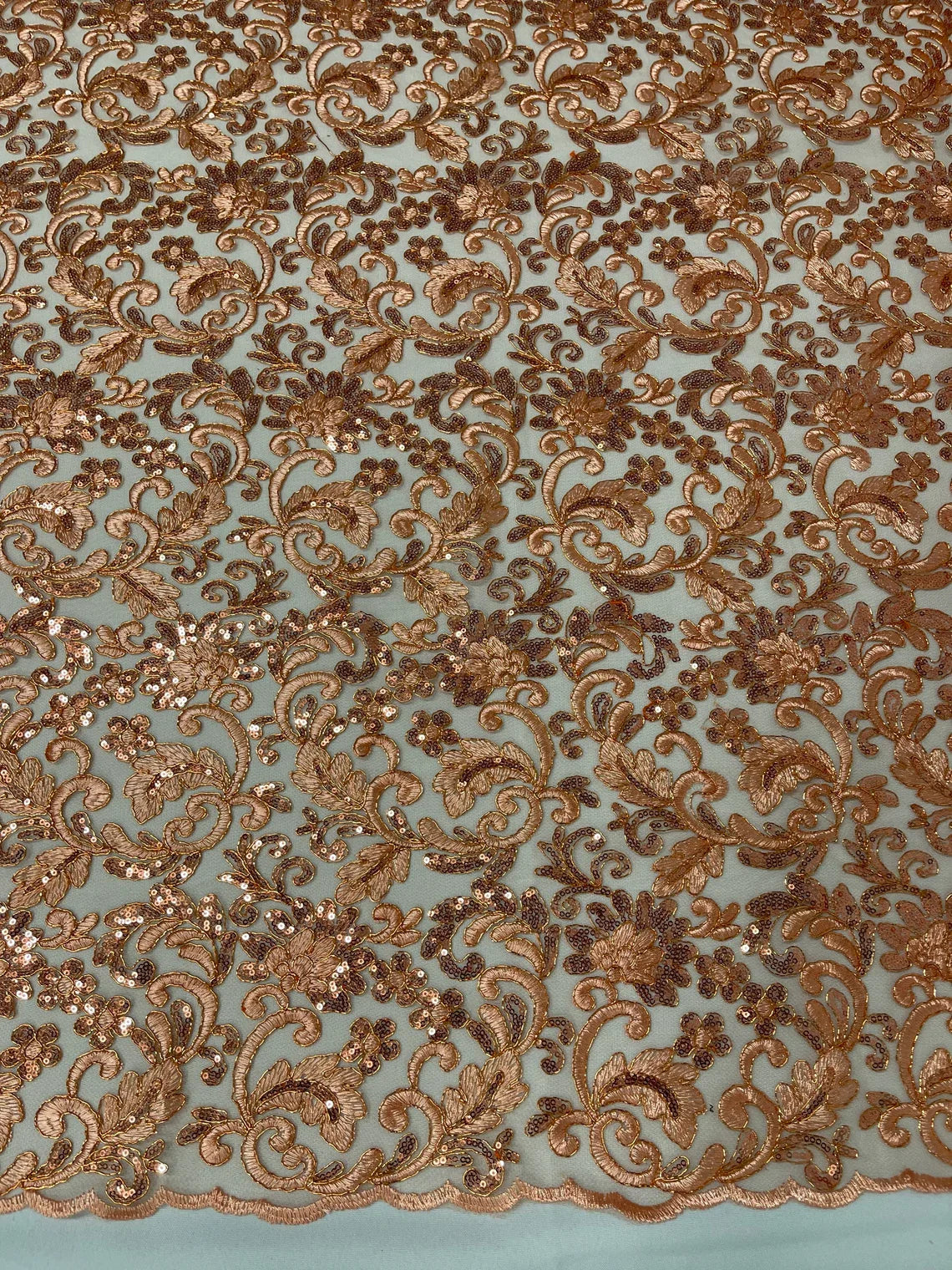Metallic Floral Lace Fabric - Peach - Embroidered Sequins Floral Design Sold By Yard