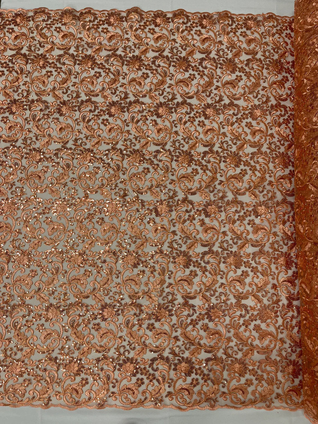 Metallic Floral Lace Fabric - Peach - Embroidered Sequins Floral Design Sold By Yard