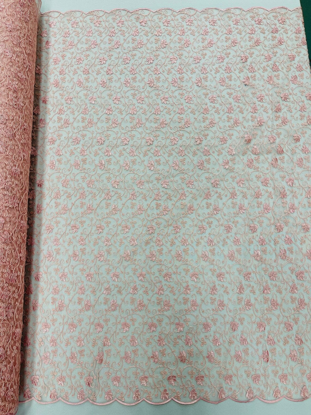 Metallic Floral Lace Fabric - Pink - Embroidered  Flower Design on Lace Mesh Fabric By Yard
