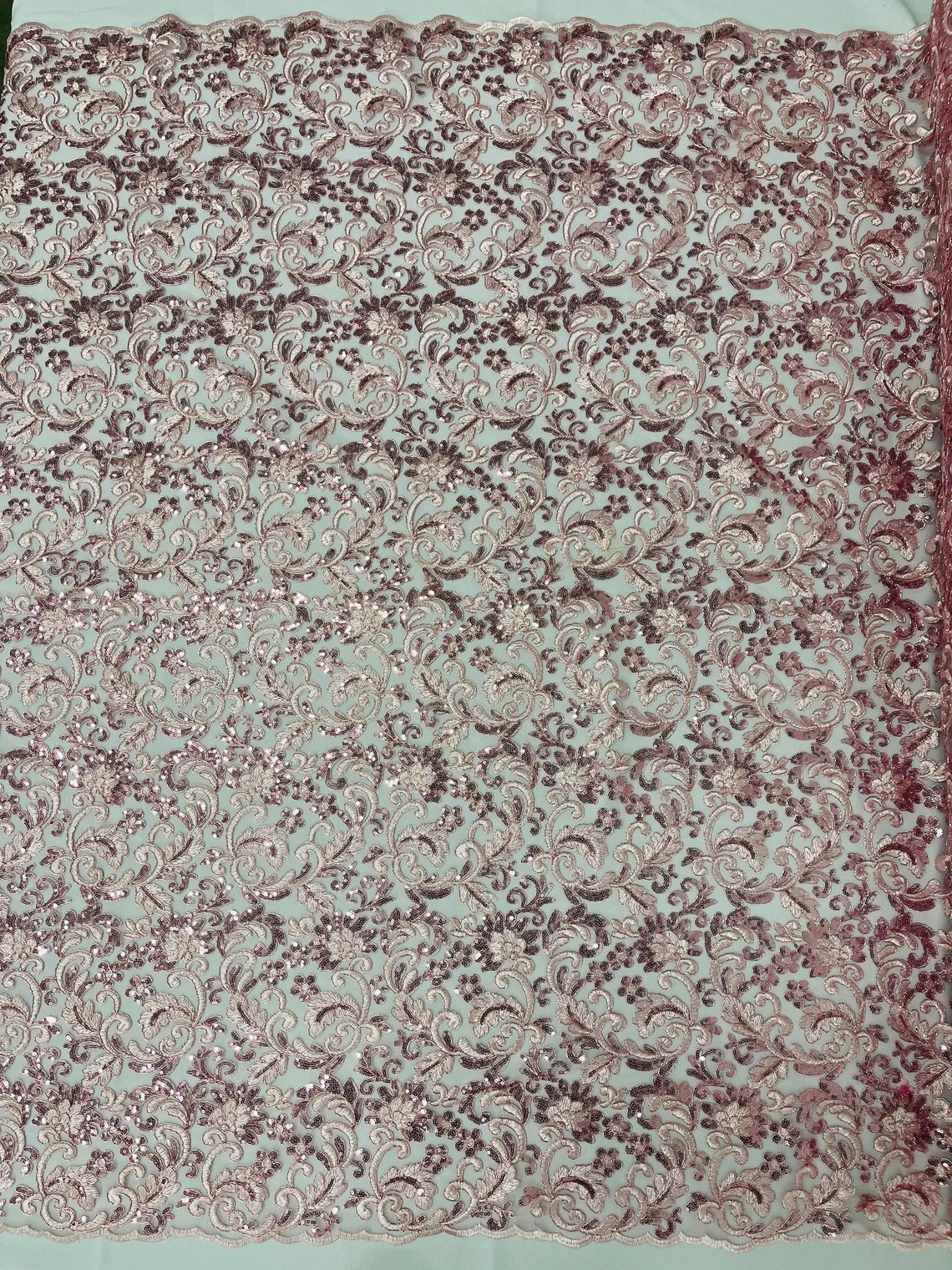 Metallic Floral Lace Fabric - Pink - Embroidered Sequins Floral Design Sold By Yard