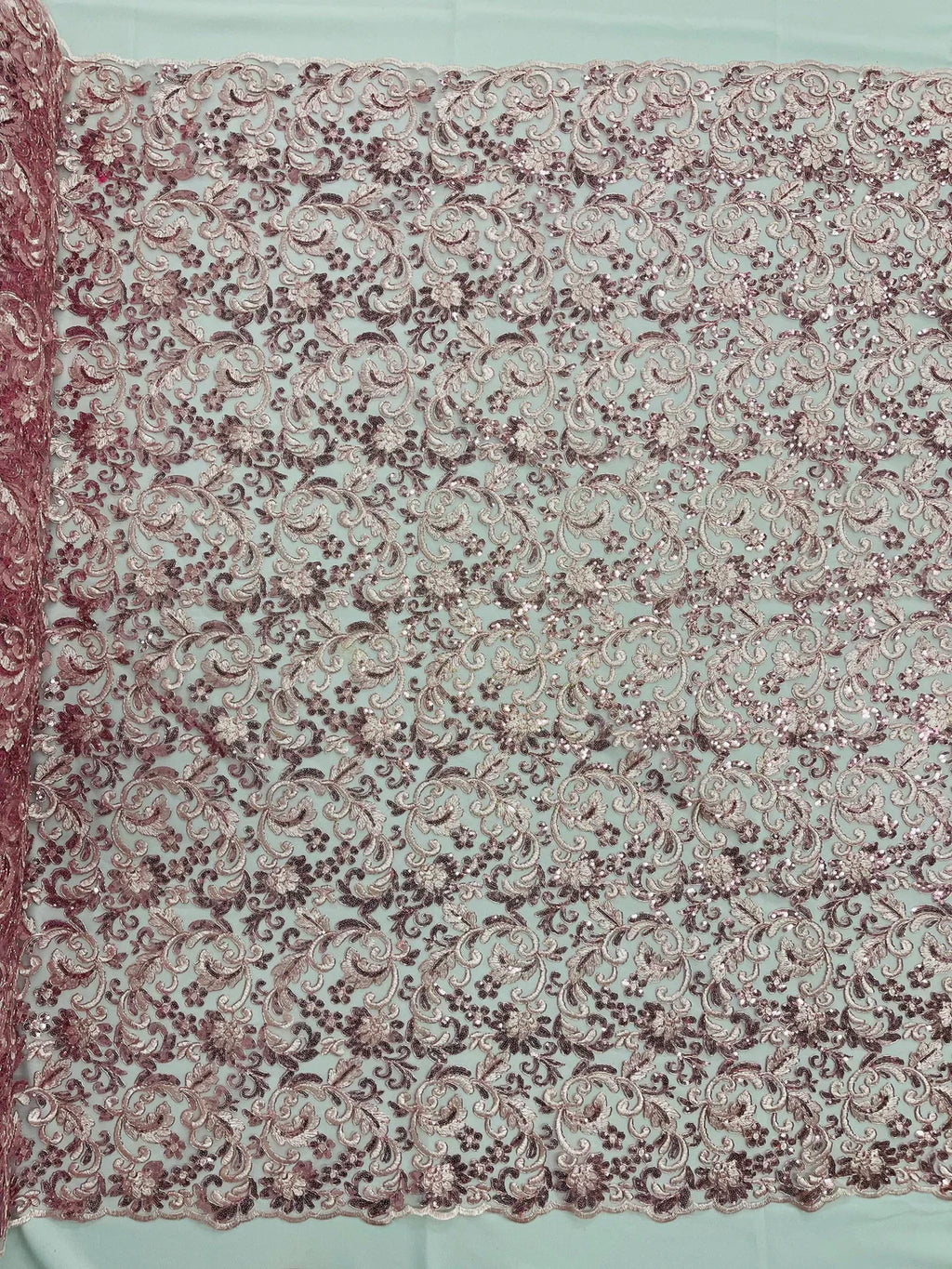 Metallic Floral Lace Fabric - Pink - Embroidered Sequins Floral Design Sold By Yard